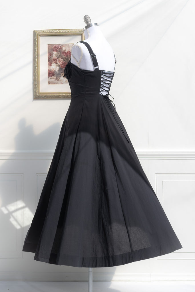 long black cottagecore dress - corset bust, shoulder straps, elegant cottage core dress for fall. 3/4 back side view. 