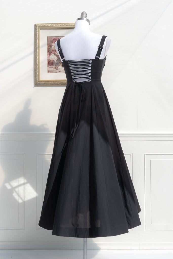 long black cottagecore dress - corset bust, shoulder straps, elegant cottage core dress for fall. back view. 