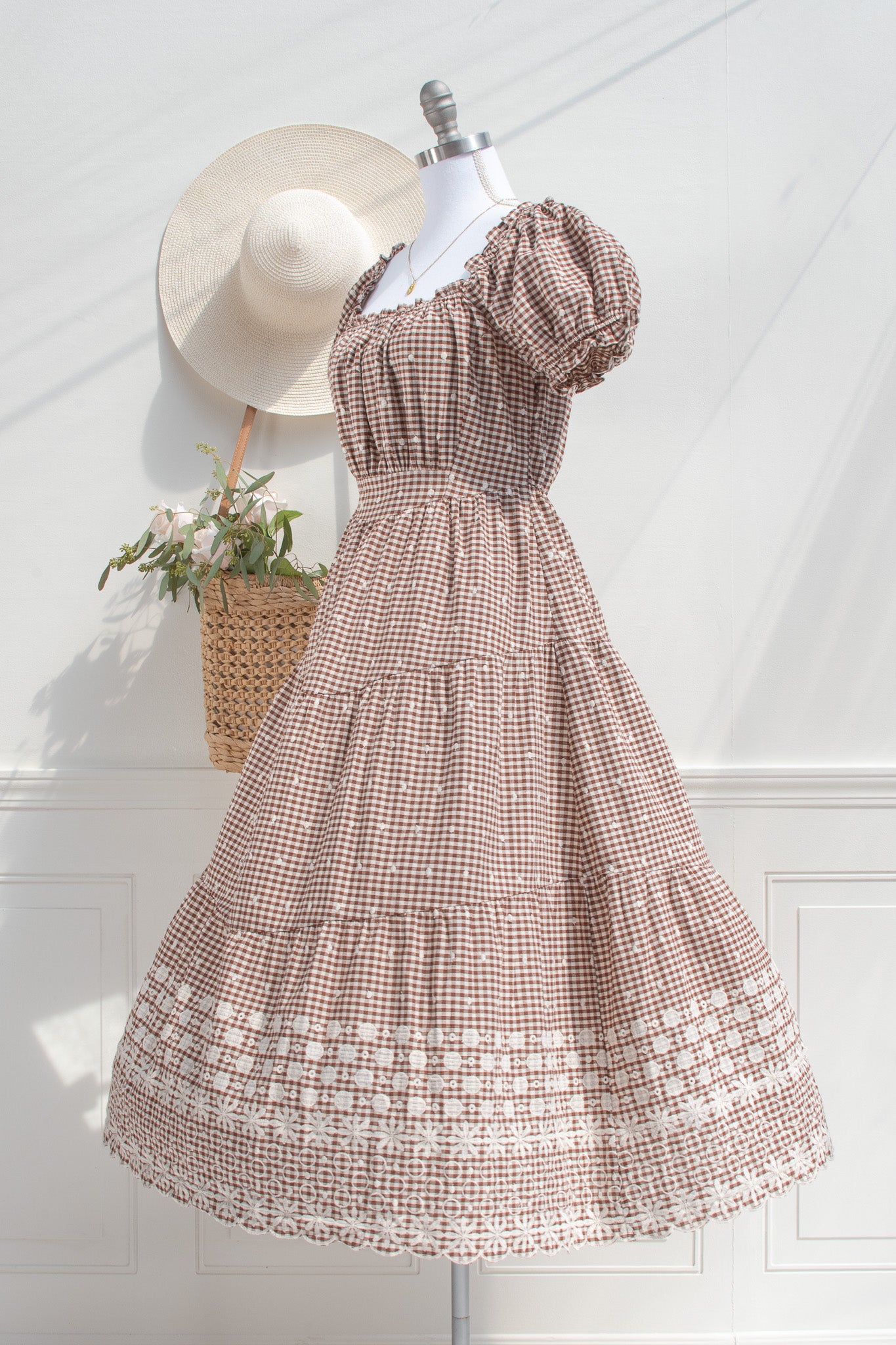brown white gingham dress Mackey Gingham Seersucker Halter Dress in Light Chicory/Dove