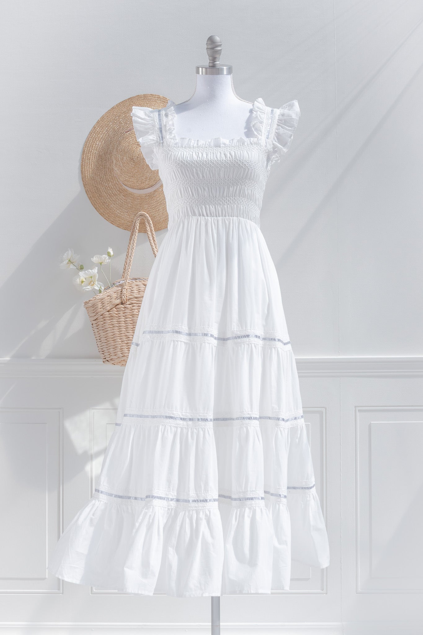 White Cotton Smocked Midi Dress – Romantic Tiered Dress