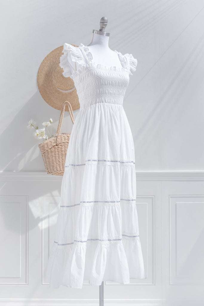 white tiered midi dress Linen with Pockets  Ankle Length, V-Neck, Open Back, 3XL / Night Blue Team it with nude heels and a clutch for a look thatll have you flooded with compliments Auguste Tiered Frill Midi Dress