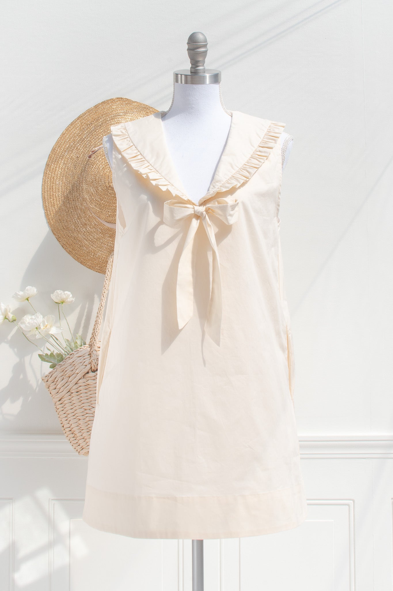 Cotton Poplin Mini Dress – Cream Sailor Collar Bow