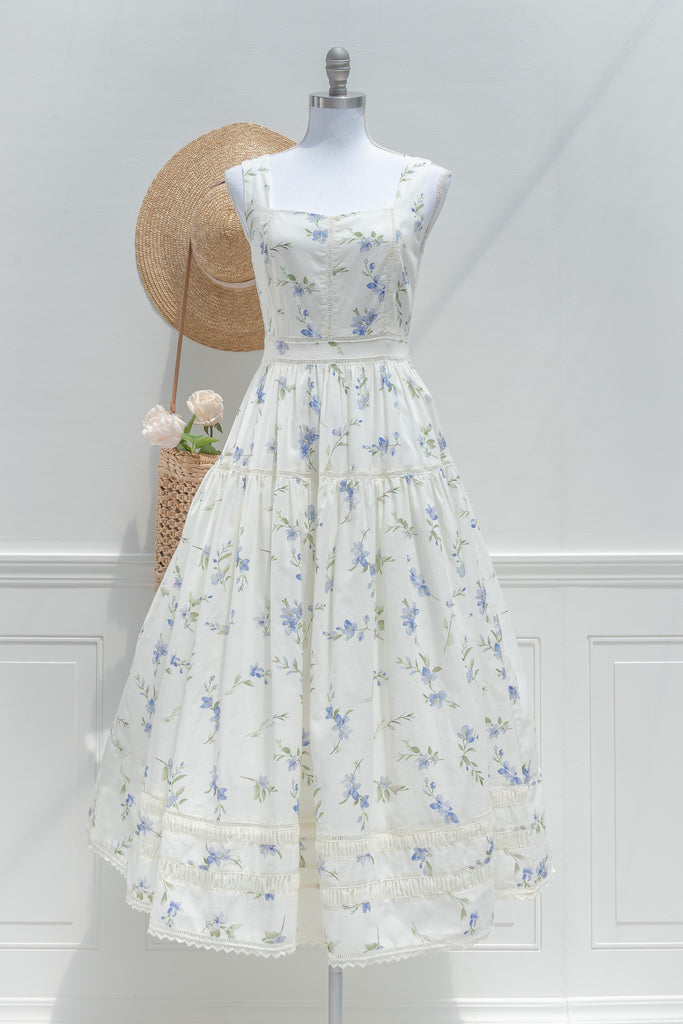 Cream Blue Floral Cotton Midi Dress – Lace Trim Tiered Skirt