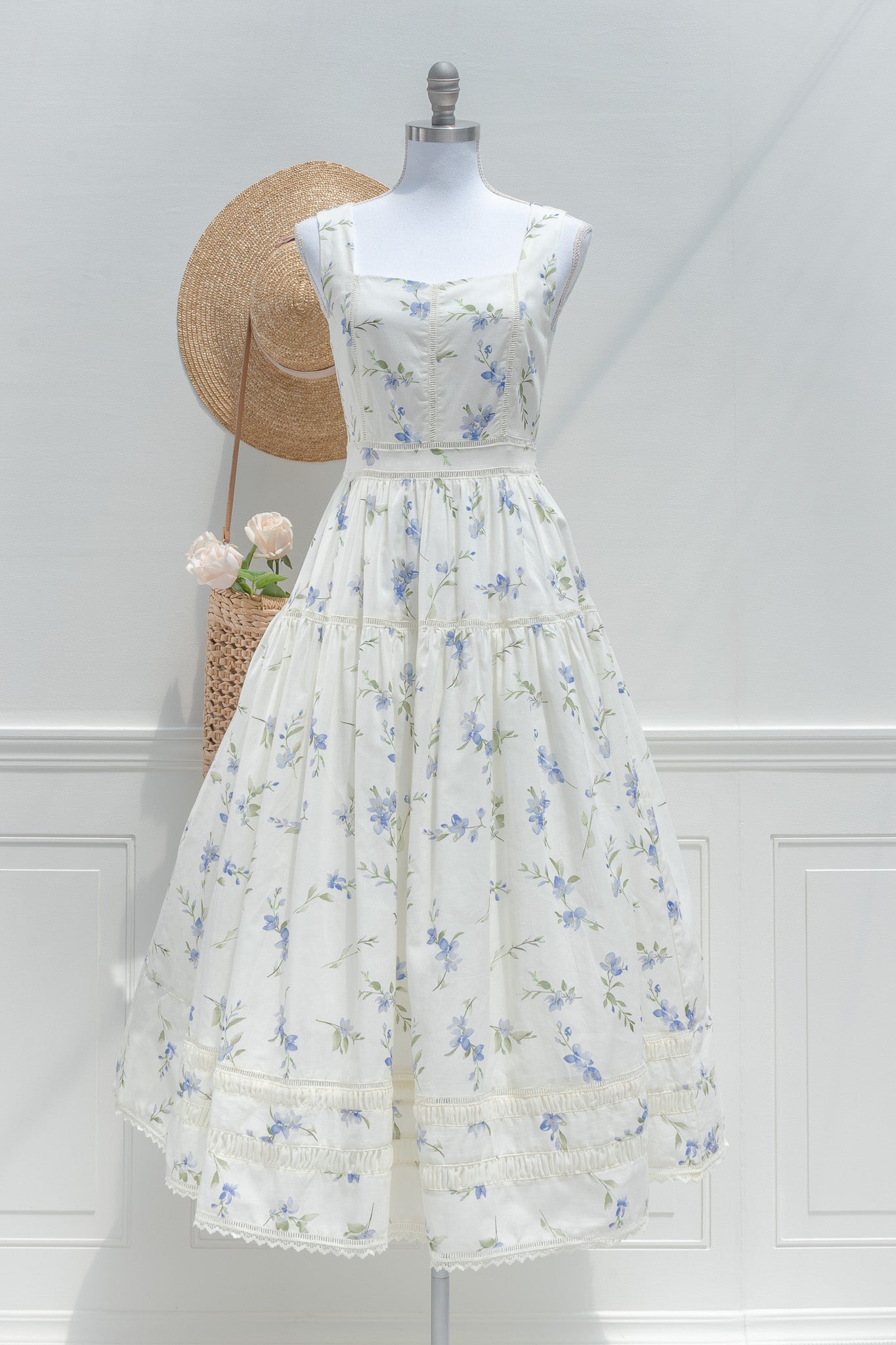 Cream Blue Floral Cotton Midi Dress Lace Trim Tiered Skirt | Amantine Cream Blue Floral Cotton Midi Dress Lace Trim Tiered Skirt | Amantine