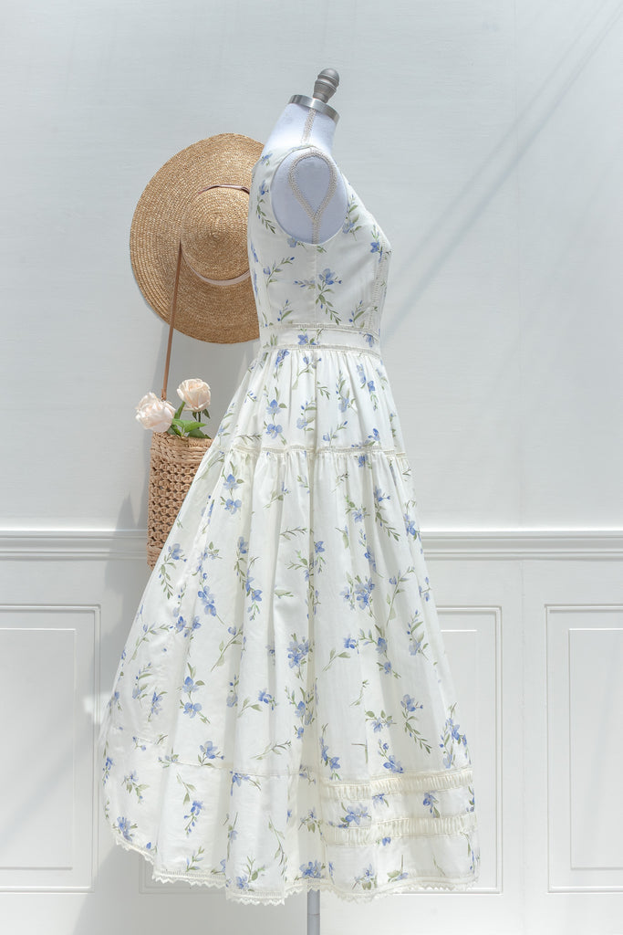 blue and cream dress Cream Blue Floral Cotton Midi Dress – Lace Trim Tiered Skirt