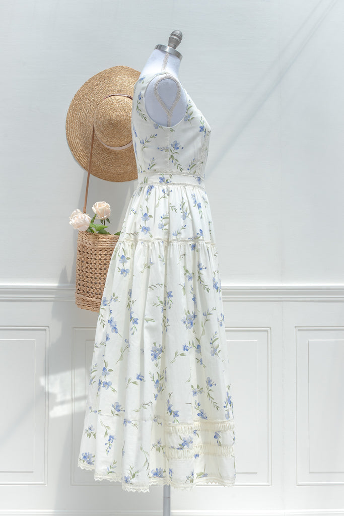 Cream Blue Floral Cotton Midi Dress – Lace Trim Tiered Skirt