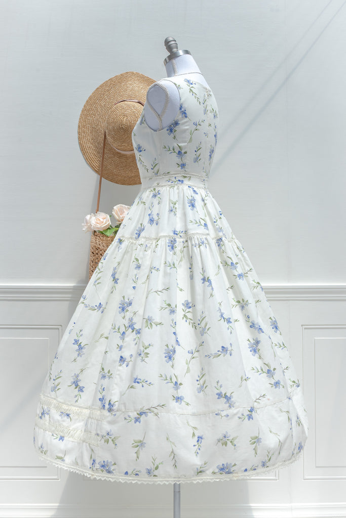 Cream Blue Floral Cotton Midi Dress – Lace Trim Tiered Skirt
