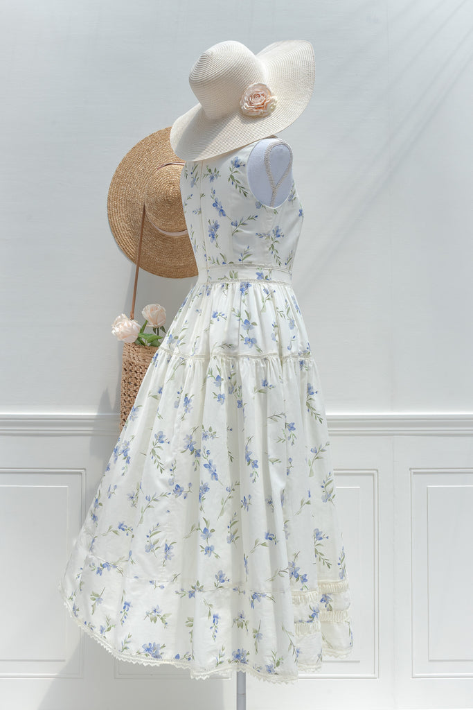 Cream Blue Floral Cotton Midi Dress – Lace Trim Tiered Skirt