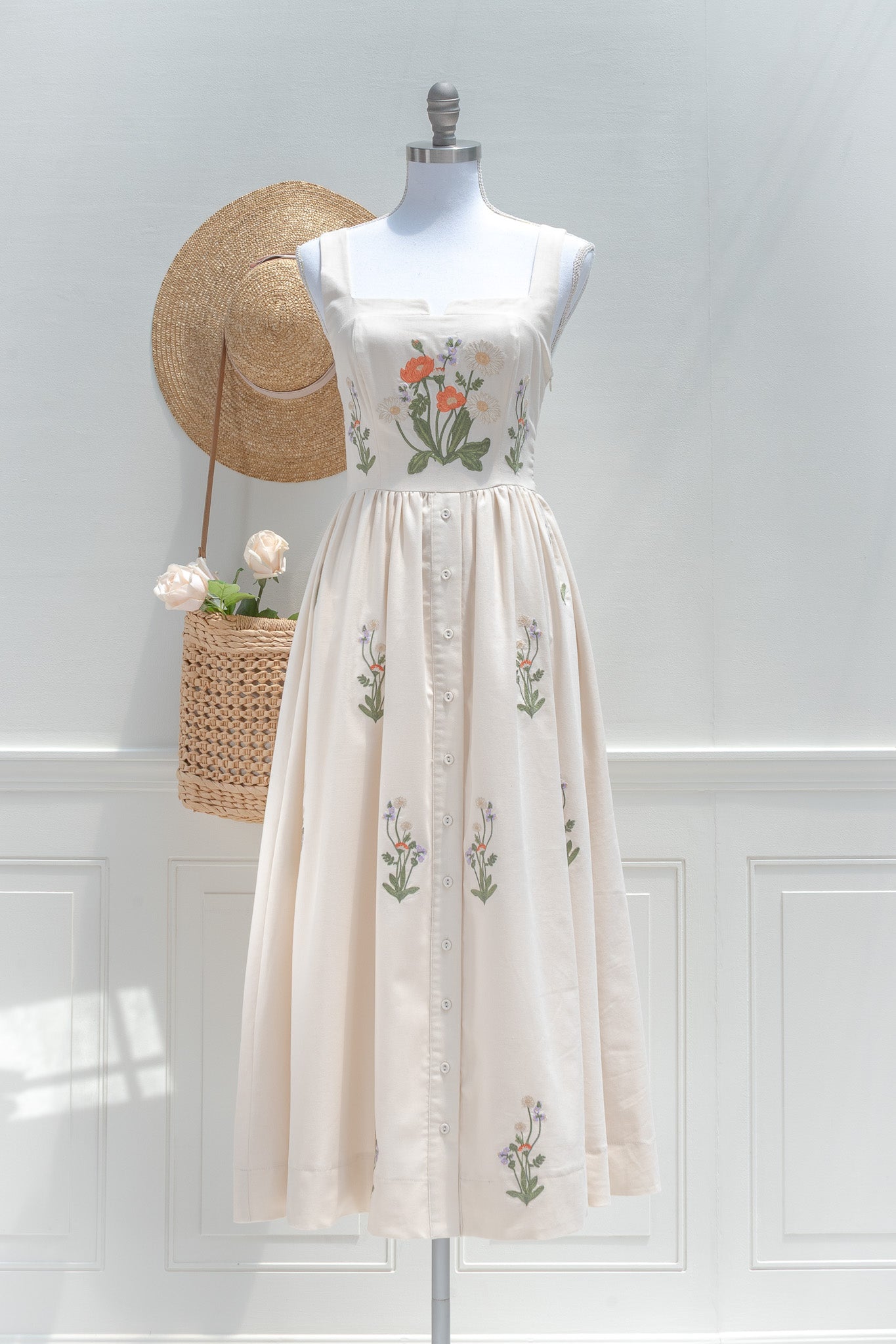 Cream Cotton Embroidered Midi Dress – Floral Botanical Button Front