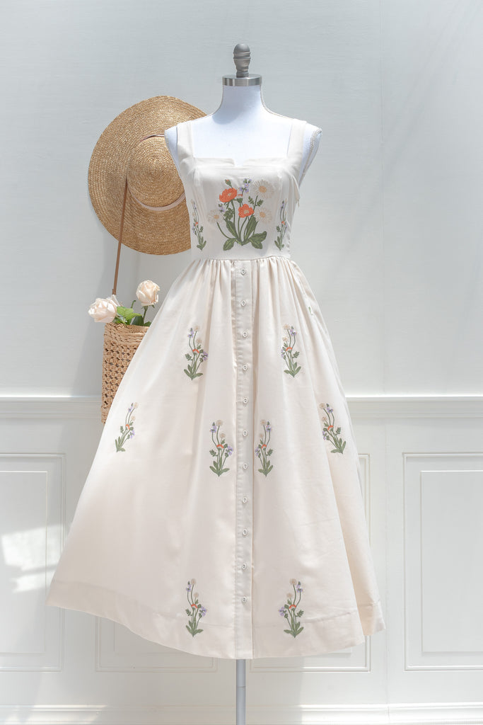 Cream Cotton Embroidered Midi Dress Floral Botanical Button Front | Amantine Cream Cotton Embroidered Midi Dress Floral Botanical Button Front | Amantine