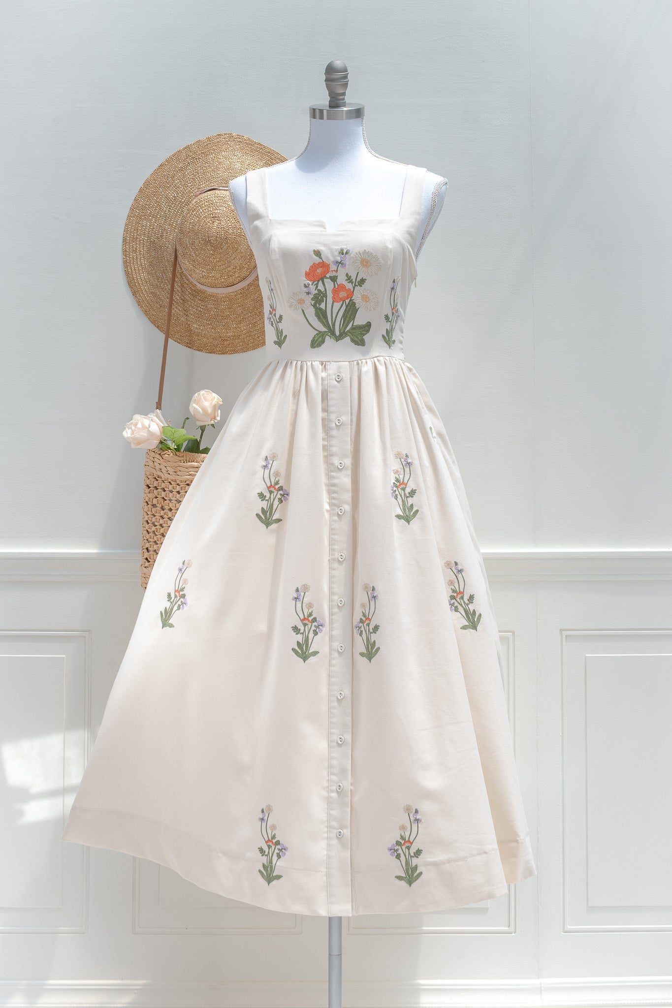 Cream Cotton Embroidered Midi Dress – Floral Botanical Button Front Cream Cotton Embroidered Midi Dress – Floral Botanical Button Front