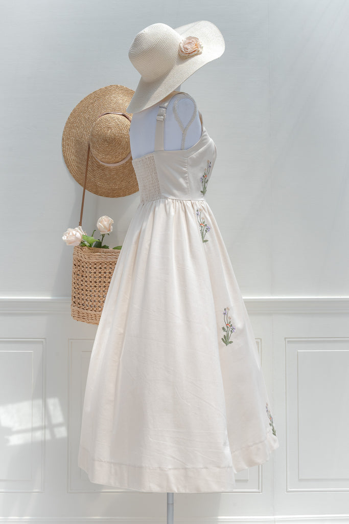 cotton midi summer dresses Cream Cotton Embroidered Midi Dress – Floral Botanical Button Front