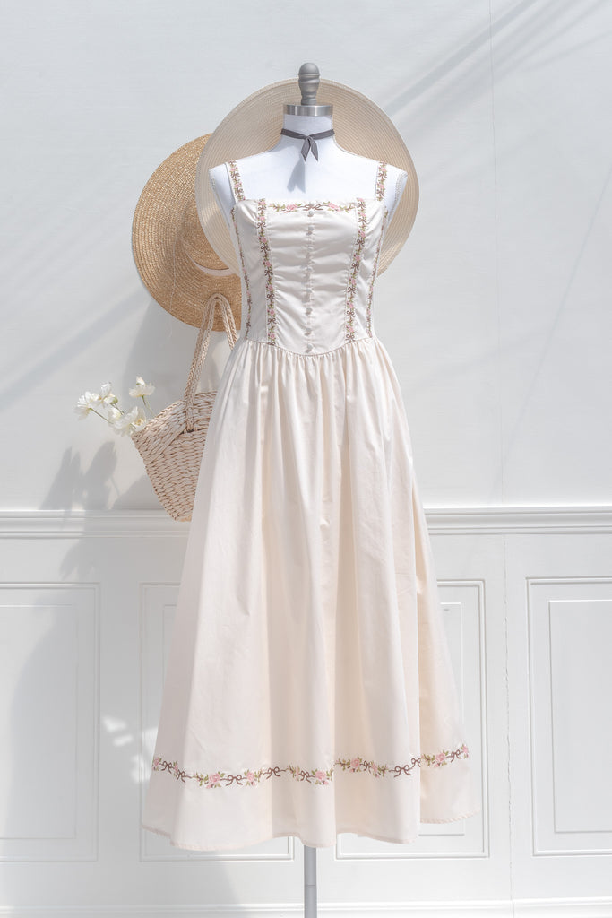 slim fit dress slacks Cream Cotton Embroidered Midi Dress – Floral Bow Motif