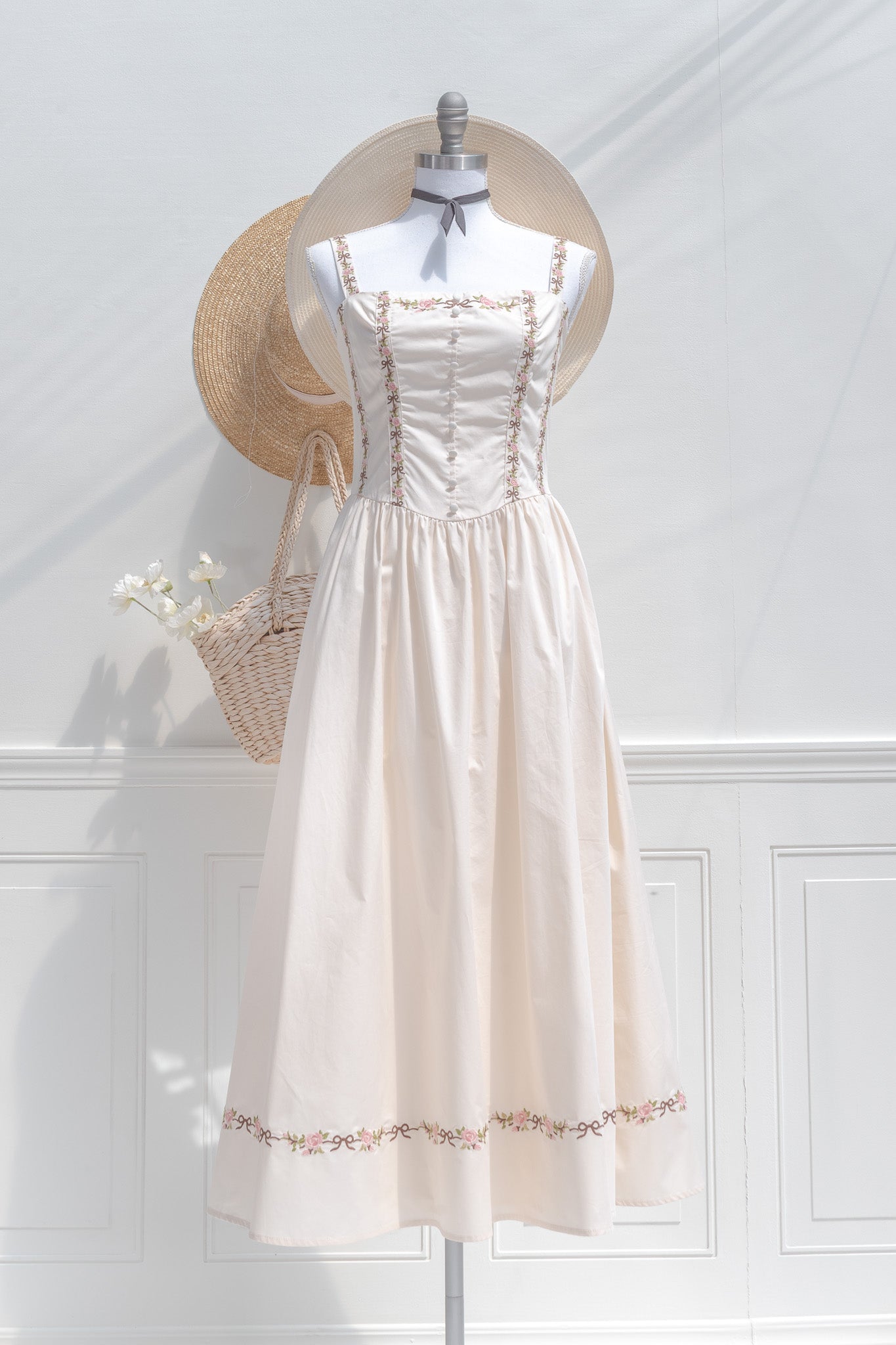Cream Cotton Embroidered Midi Dress Floral Bow Motif | Amantine Small Cream Cotton Embroidered Midi Dress Floral Bow Motif | Amantine Small
