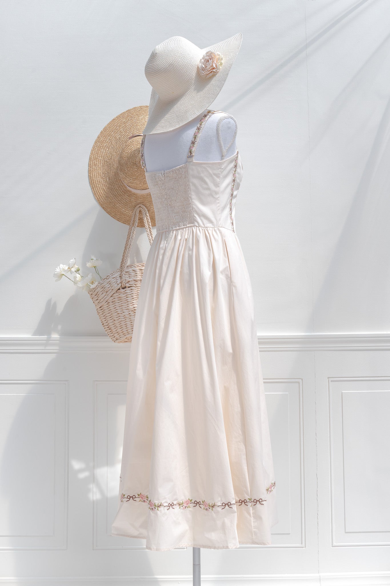 Cream Cotton Embroidered Midi Dress – Floral Bow Motif