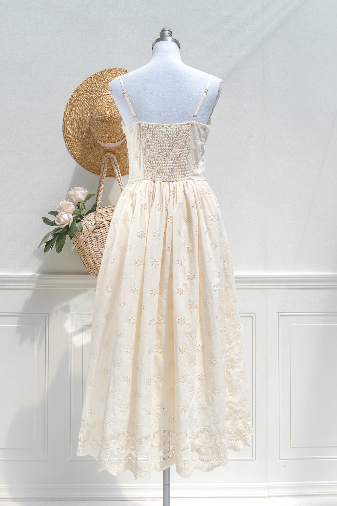 Cream Cotton Eyelet Midi Dress – Ruched Sweetheart and Scalloped Lace Hem