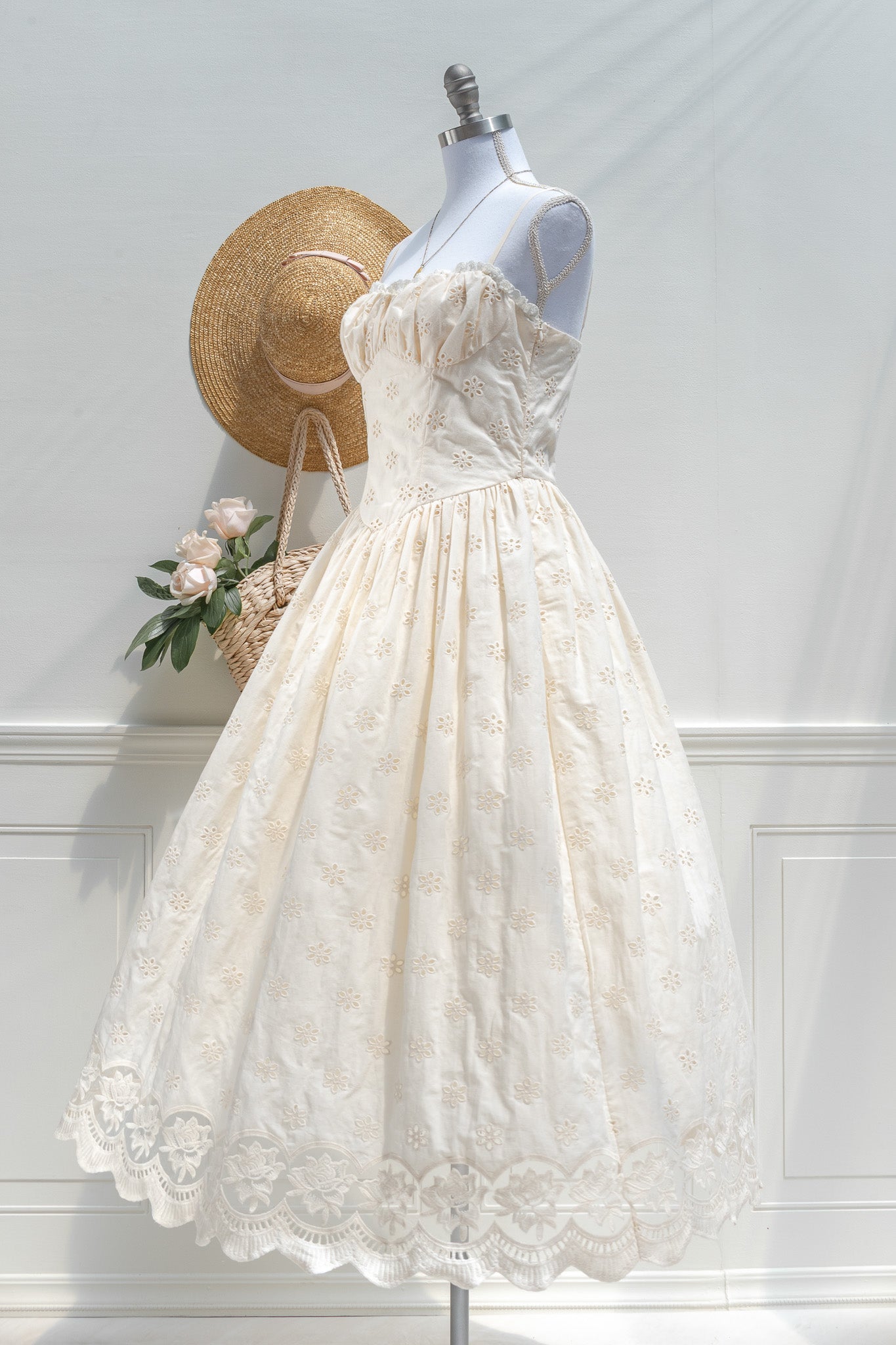 Cream Cotton Eyelet Midi Dress – Ruched Sweetheart and Scalloped Lace Hem