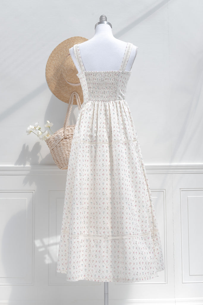 Cream Cotton Floral Midi Dress  Lace Trim Square Neckline | Amantine Medium