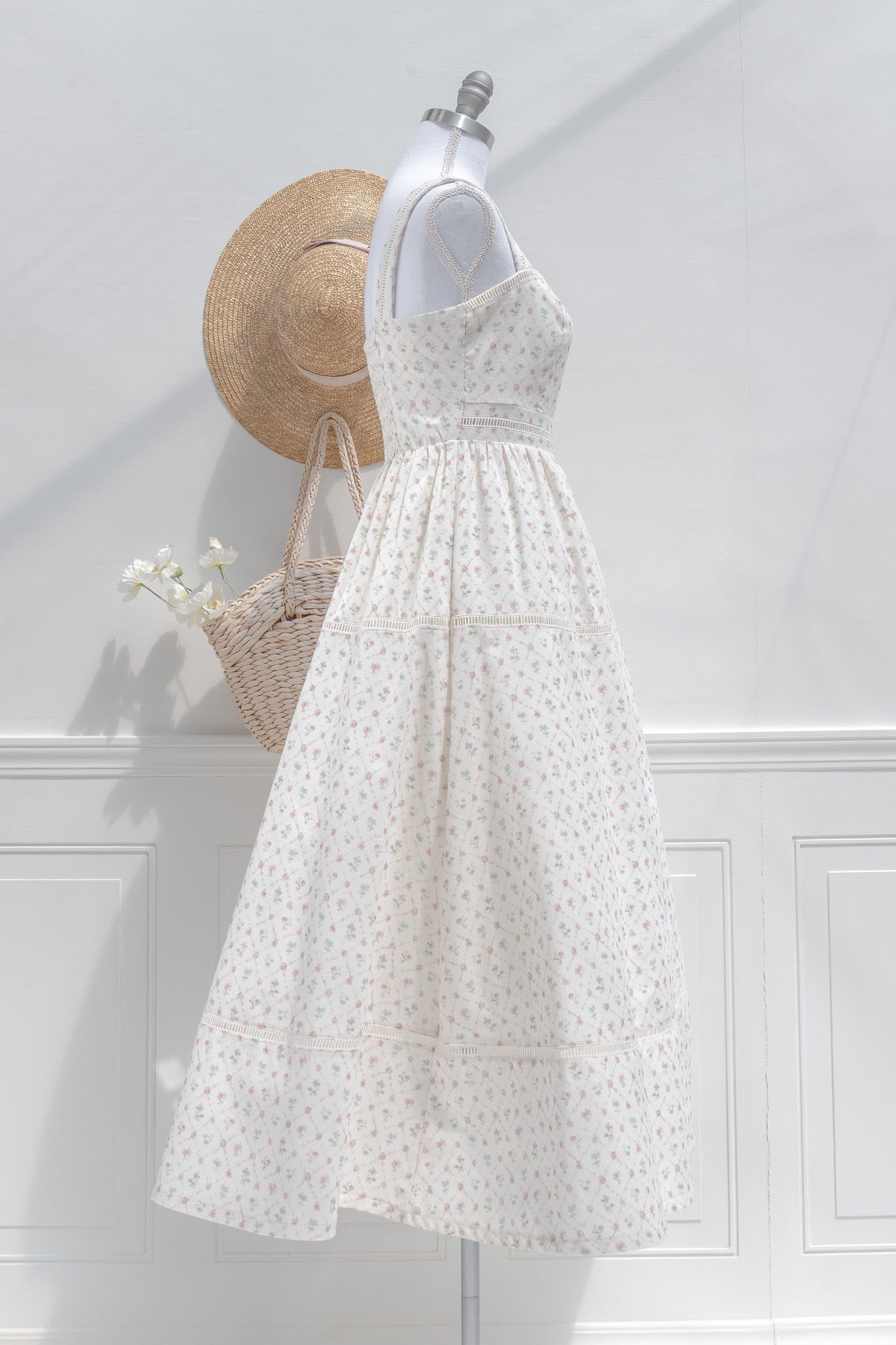 Cream Cotton Floral Midi Dress – Lace Trim Square Neckline