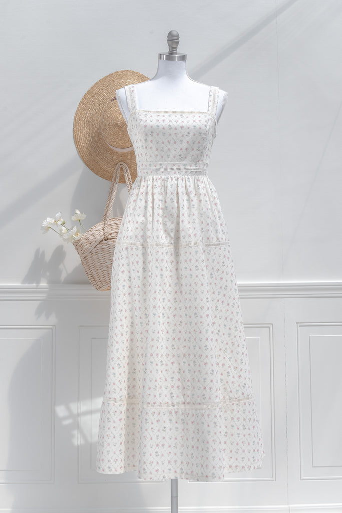 Cream Cotton Floral Midi Dress Lace Trim Square Neckline | Amantine Cream Cotton Floral Midi Dress Lace Trim Square Neckline | Amantine