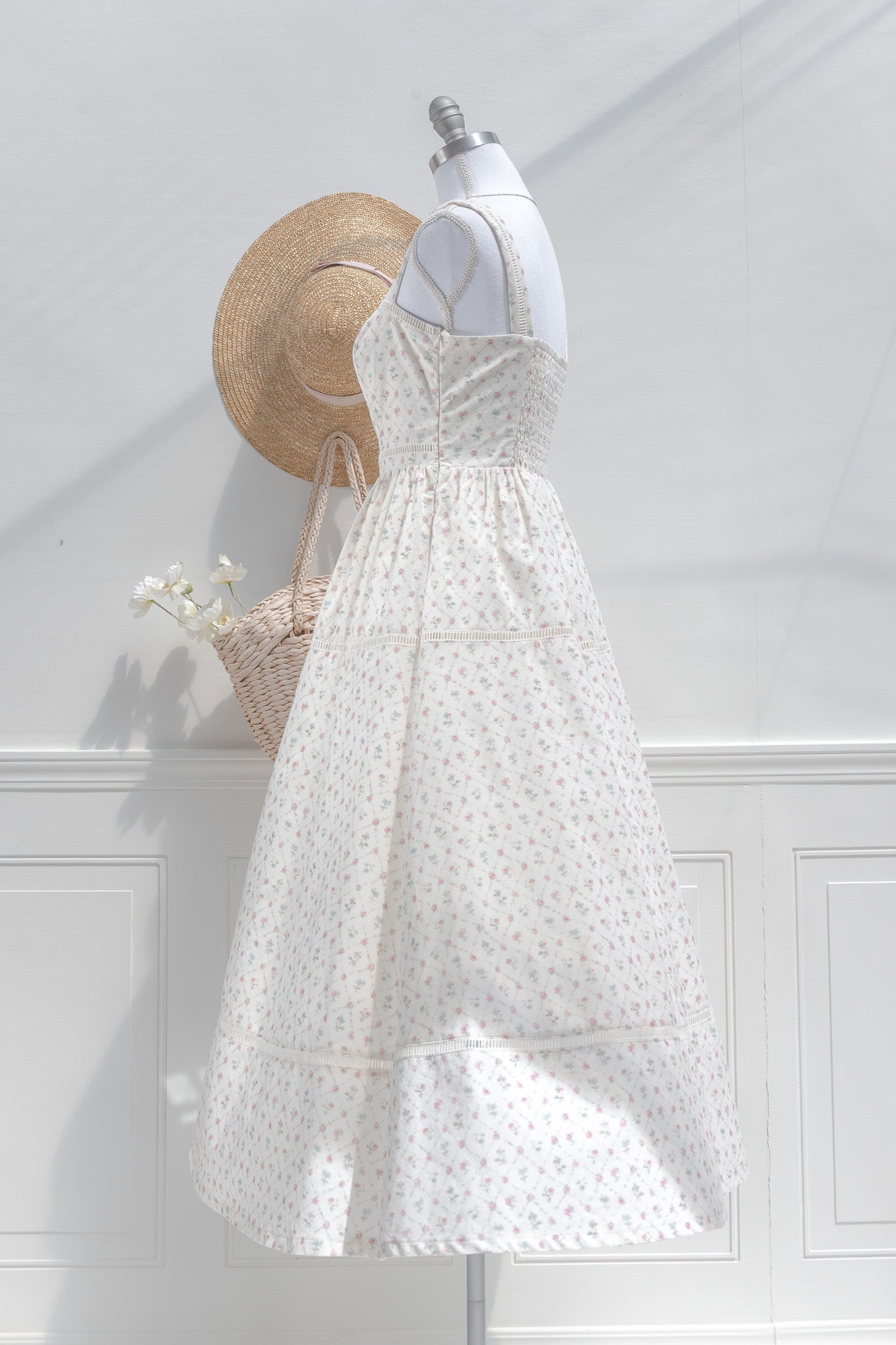 Cream Cotton Floral Midi Dress Lace Trim Square Neckline | Amantine Medium Cream Cotton Floral Midi Dress Lace Trim Square Neckline | Amantine Medium