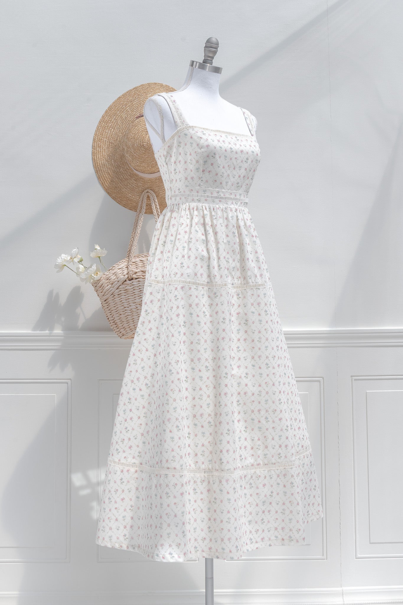 Cream Cotton Floral Midi Dress Lace Trim Square Neckline | Amantine Medium Cream Cotton Floral Midi Dress Lace Trim Square Neckline | Amantine Medium