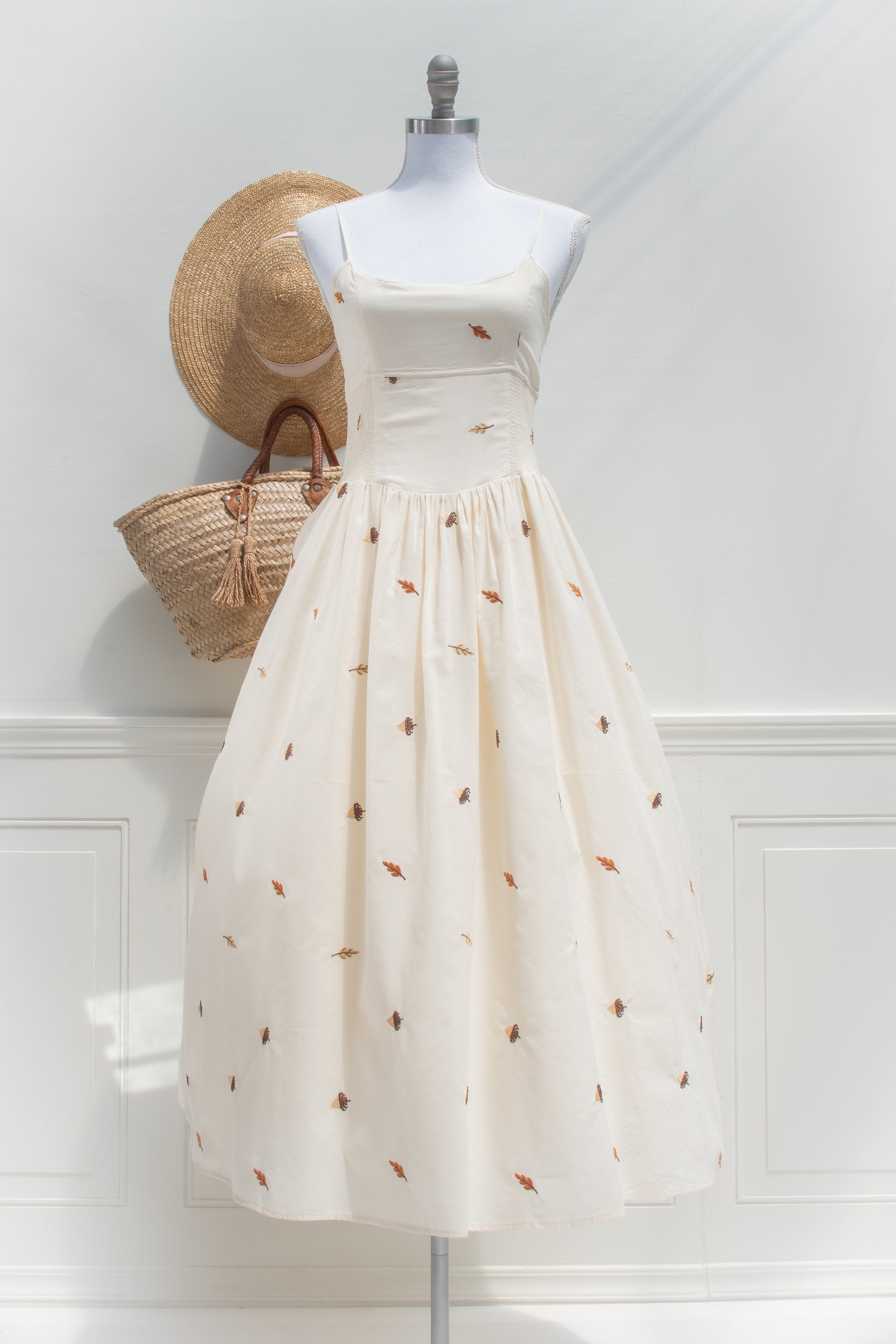 Ivory Cotton Midi Dress - Autumn Leaves