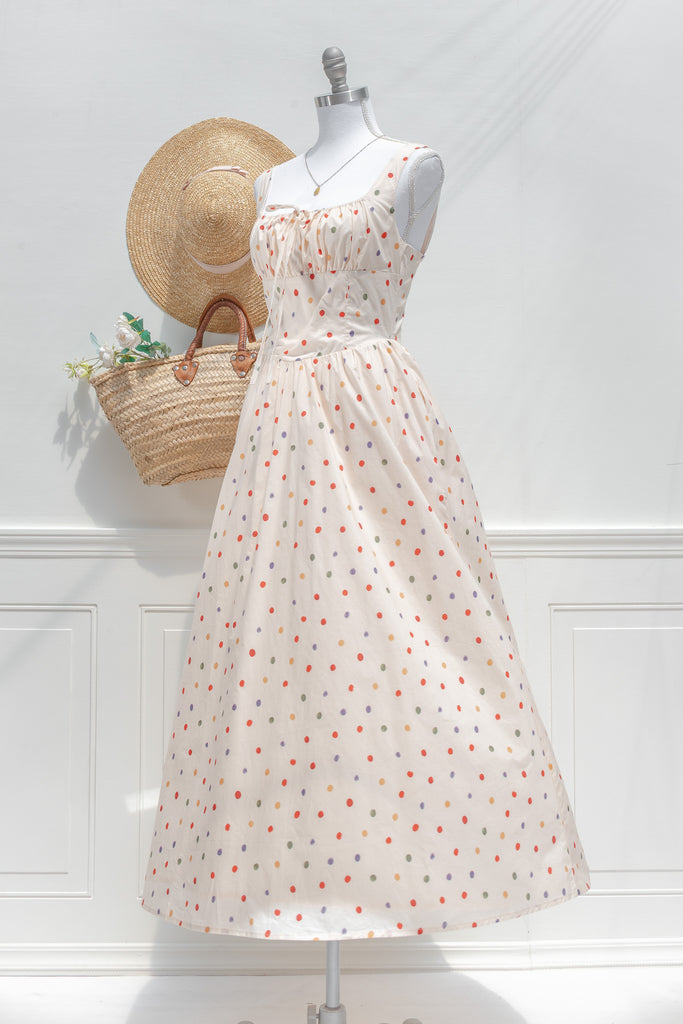 Polka Dot Cotton Midi Dress – Corset Bodice Sweetheart Neckline Polka Dot Cotton Midi Dress – Corset Bodice Sweetheart Neckline