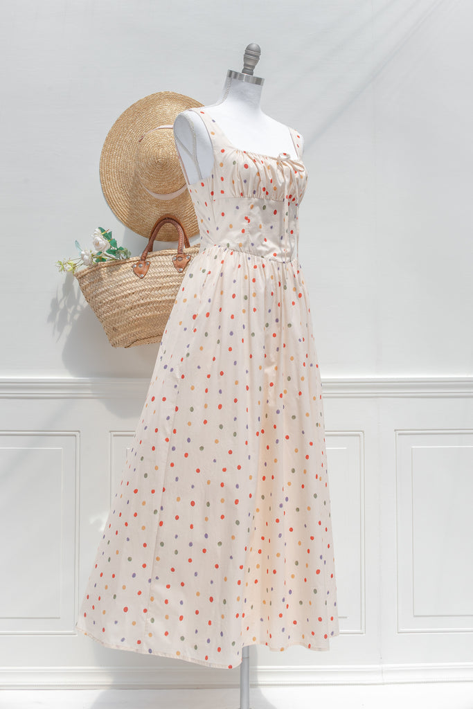 sweetheart style mauve polka dot bustier tiered midi dress Polka Dot Cotton Midi Dress – Corset Bodice Sweetheart Neckline
