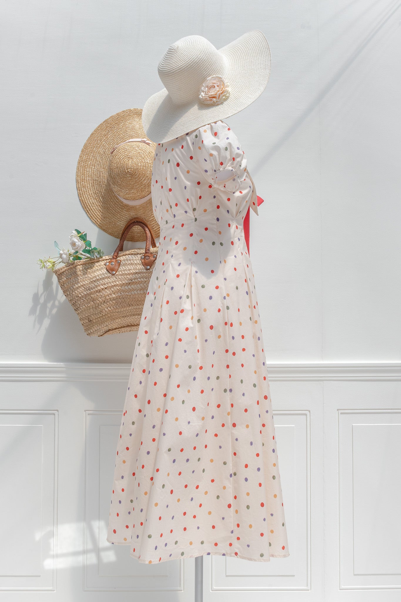 Polka Dot Cotton Midi Dress – Puff Sleeves and Red Bow V-Neck