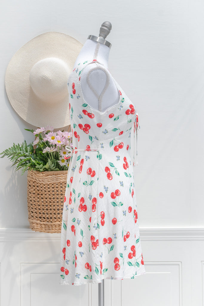 cherry print mini dress. amantine. side view. 