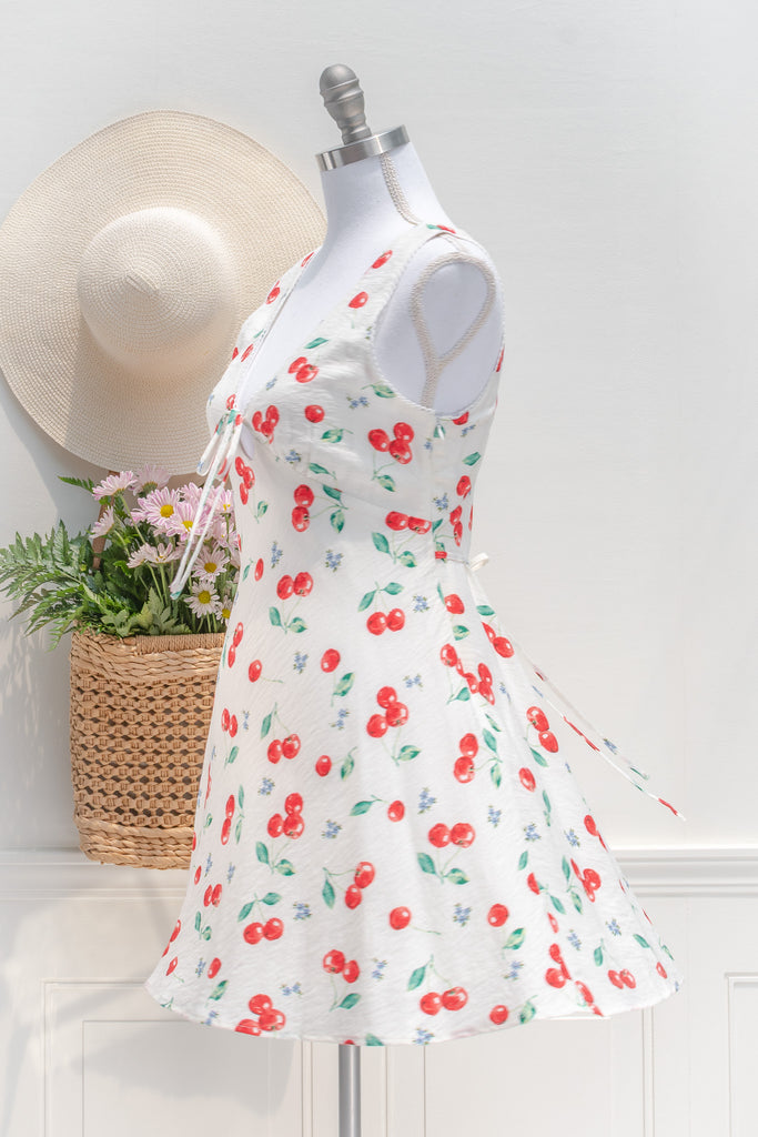 cherry print mini dress. amantine. side view. 