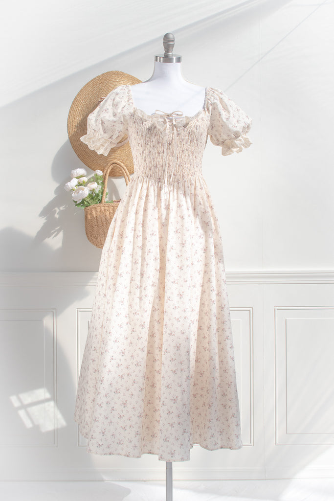Cotton smocked corset midi dress – cream floral