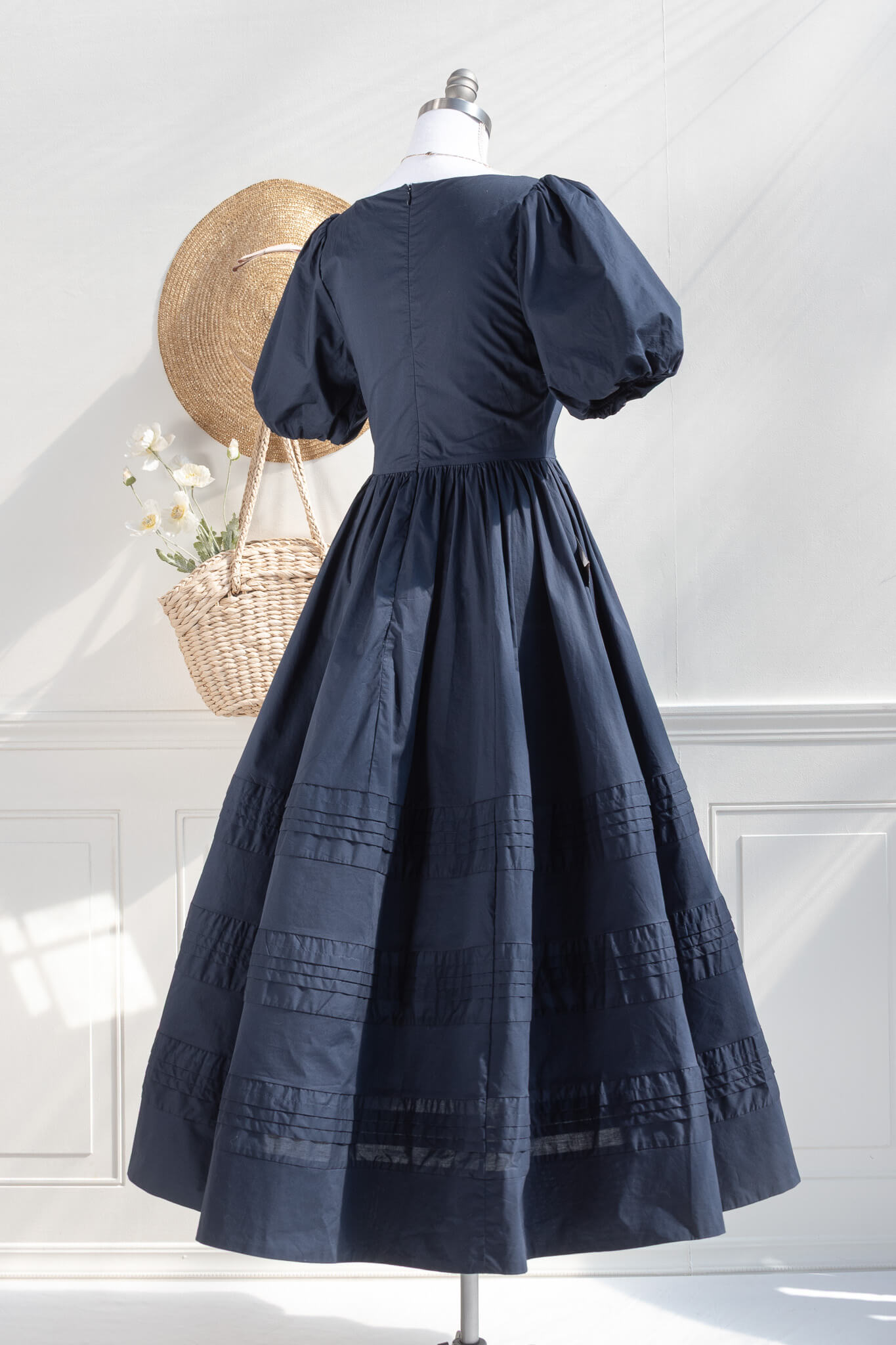 Cotton poplin puff sleeve midi dress – navy