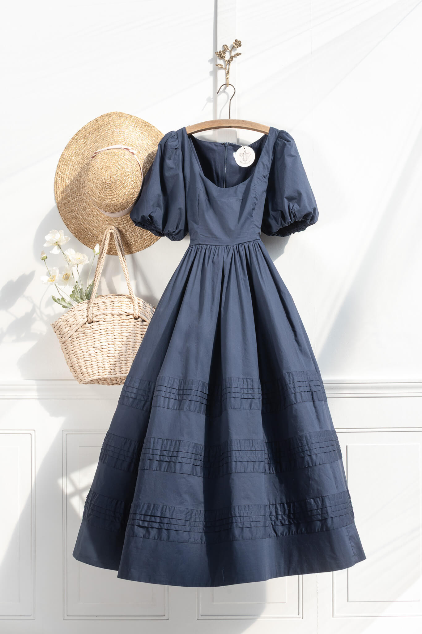 Cotton poplin puff sleeve midi dress – navy
