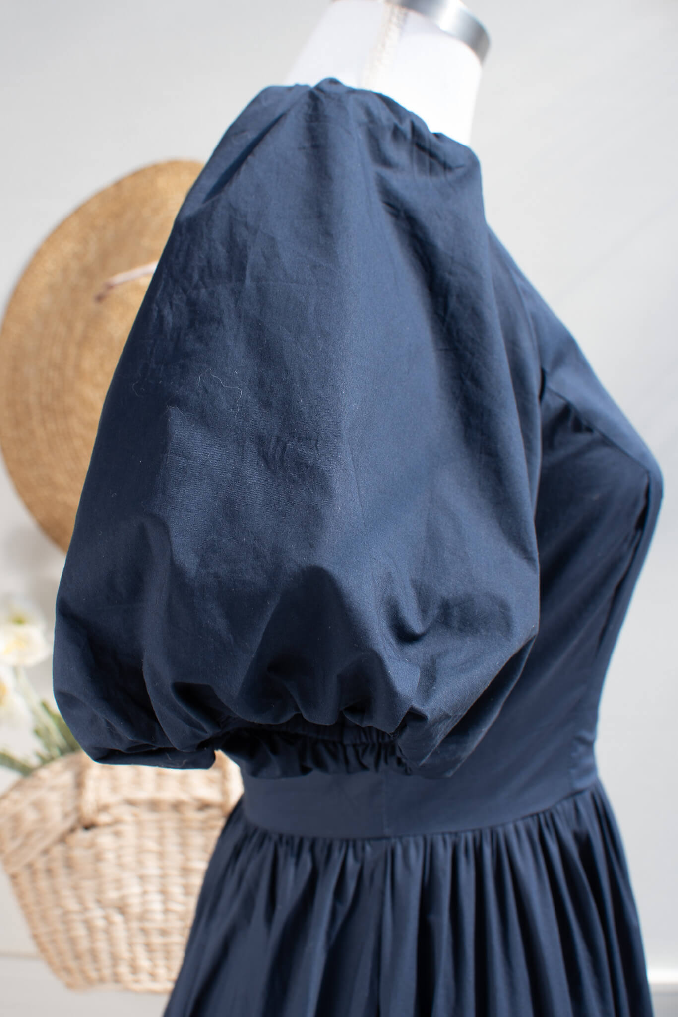 cotton navy blue dress Rihoas Button Front Puff Sleeve Midi Dress