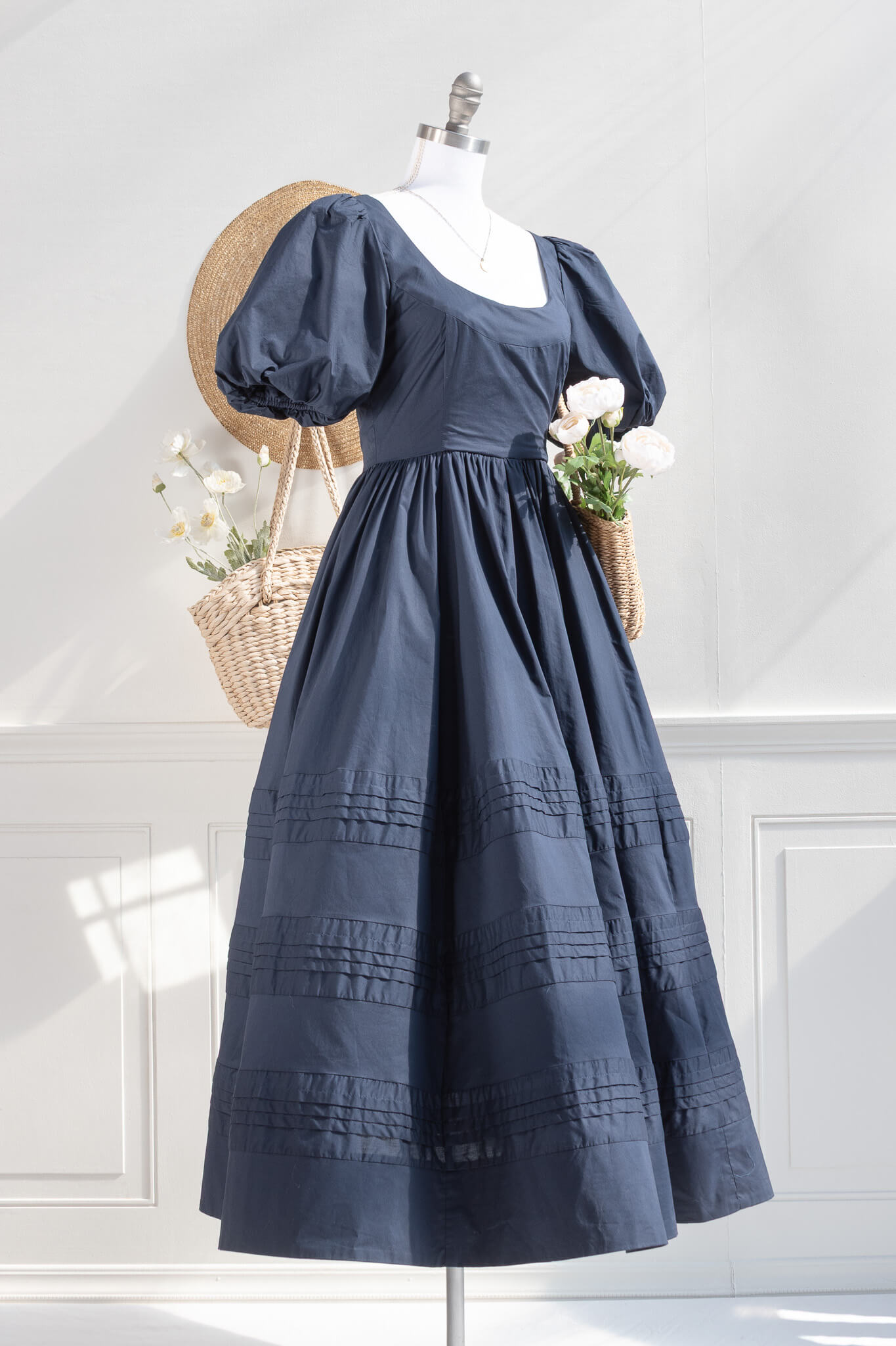 navy poplin midi dress Cotton poplin puff sleeve midi dress – navy
