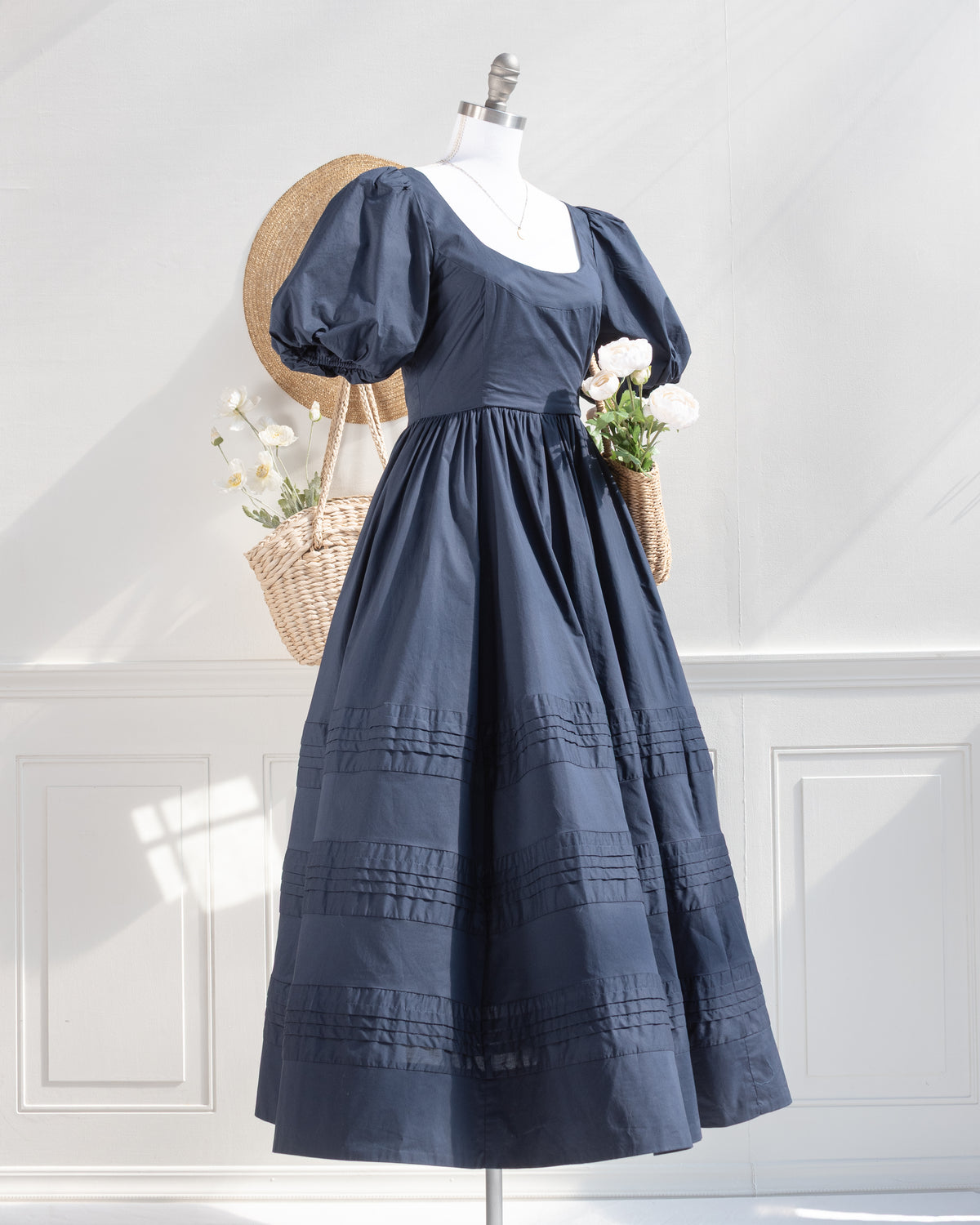 Blue cotton puff sleeves dress. Feminine style from Amantine. 