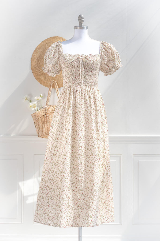 Cotton ruched midi dress – ivory floral
