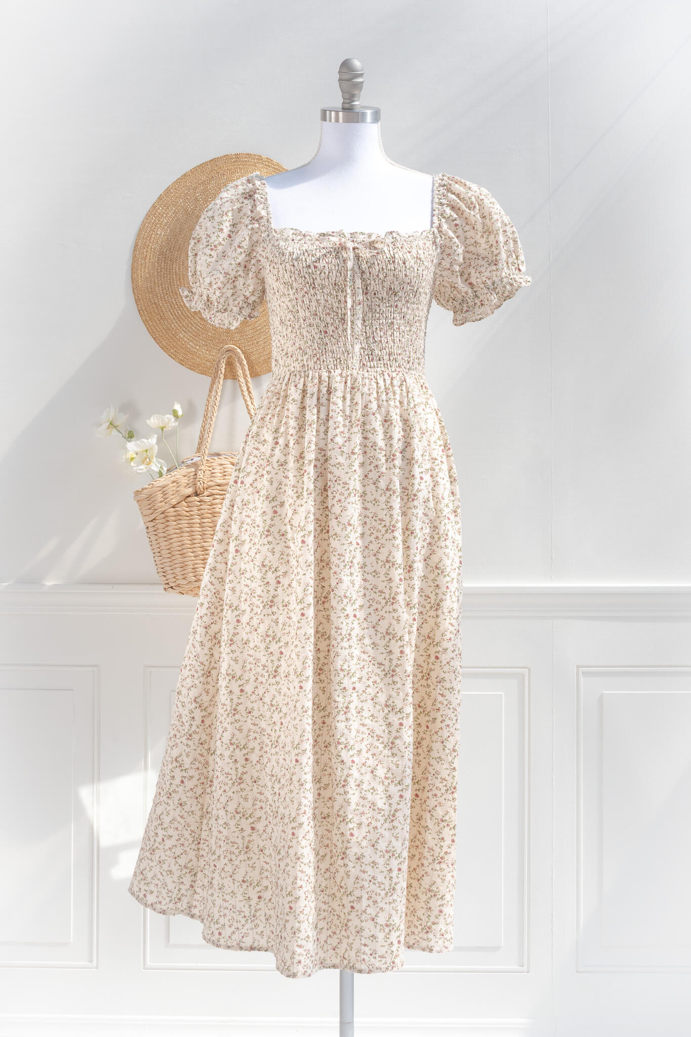 Cotton ruched midi dress – ivory floral