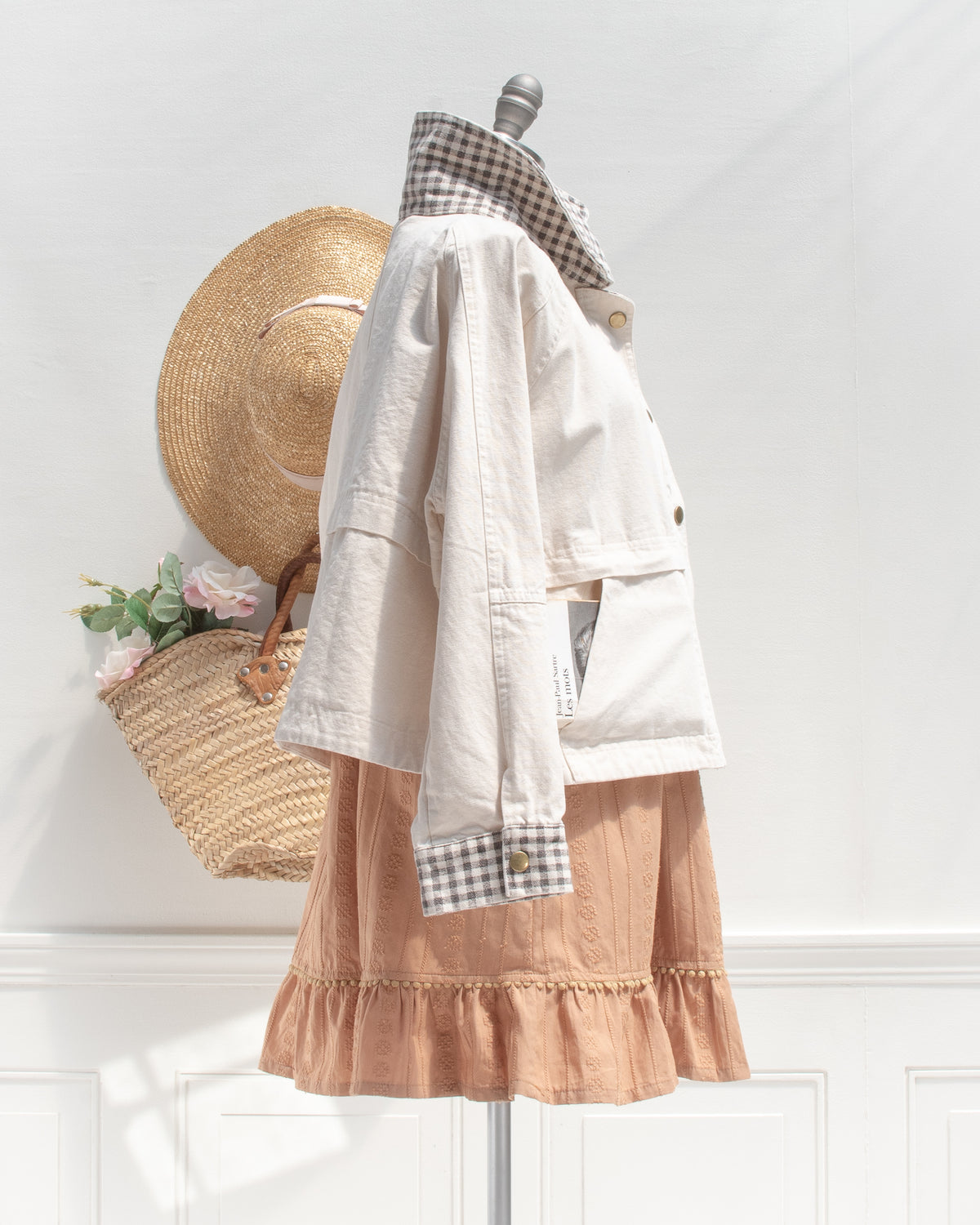 Mini dress and chore jacket outfit - French girl romantic style for early fall. 