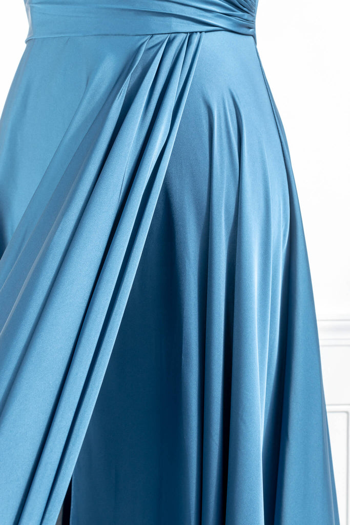 blue pageant dress - a royal blue prom and event gown - feminine and french style fashion. side slit view. amantine. 