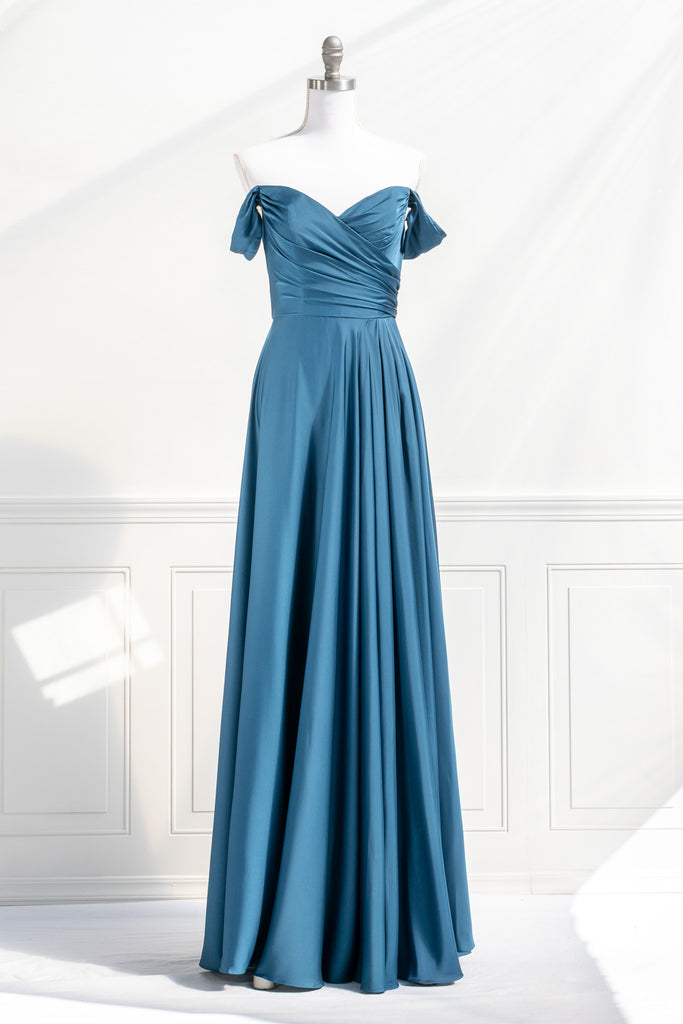 pageant boutique dress - a royal blue prom and event gown - feminine and french style fashion. off shoulder view. amantine. 