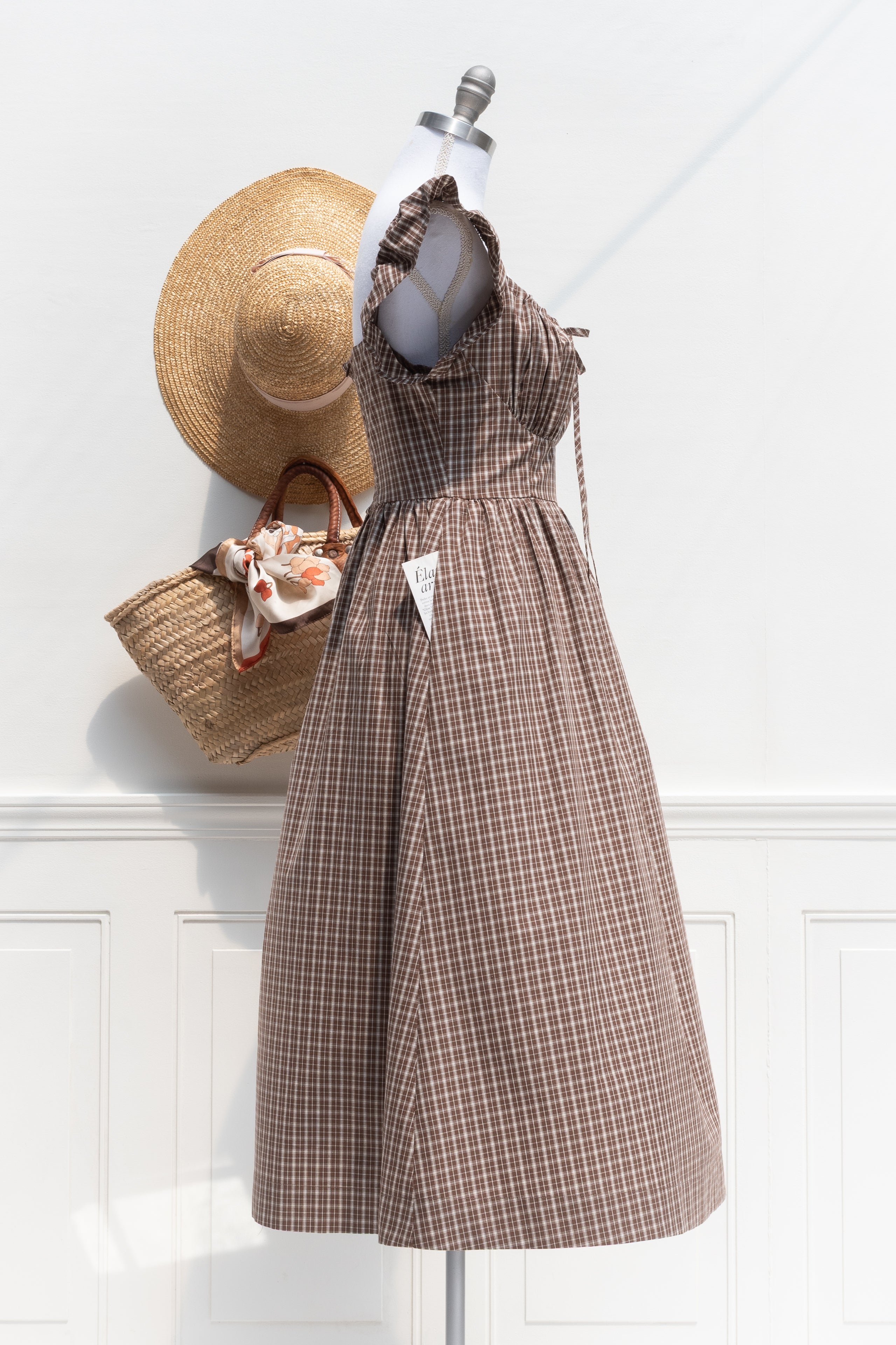 plaid brown dress Midi - Bernadette group-539 featuring a lace Halter Crystal Detail Backless Color:Wild Rose