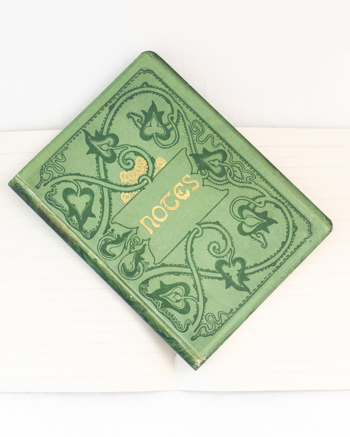 Green vintage notebook with an ornate vine cover resting on open lined pages, flat lay view.