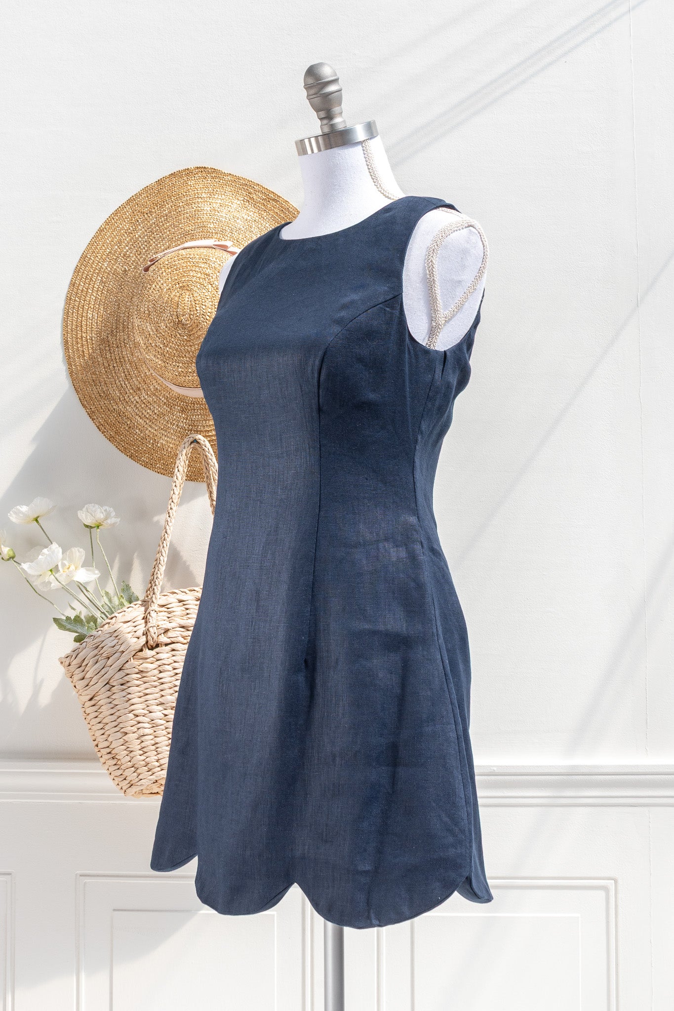 Linen Cotton Mini Dress Navy Scalloped Hem | Amantine Small Linen Cotton Mini Dress Navy Scalloped Hem | Amantine Small