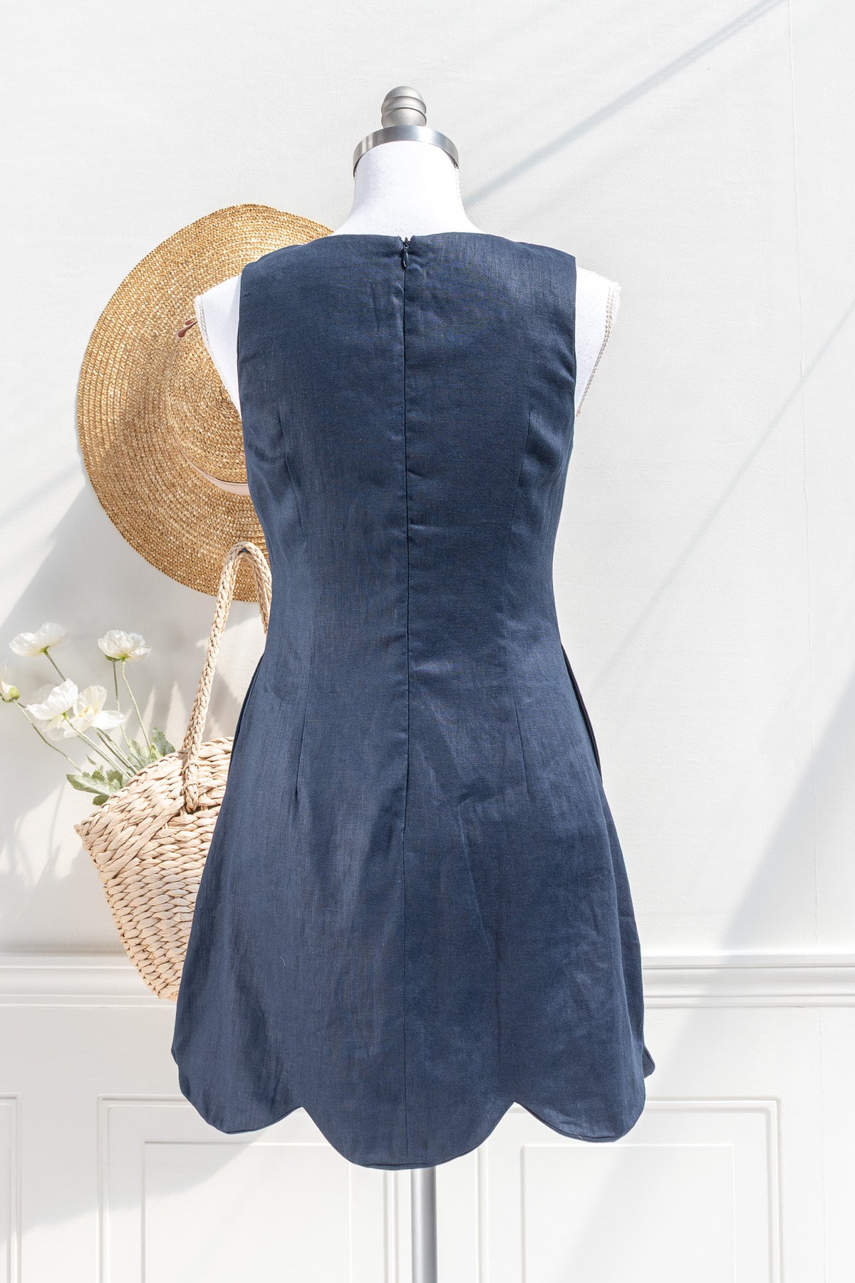 Navy linen cotton mini dress with scalloped hem back view