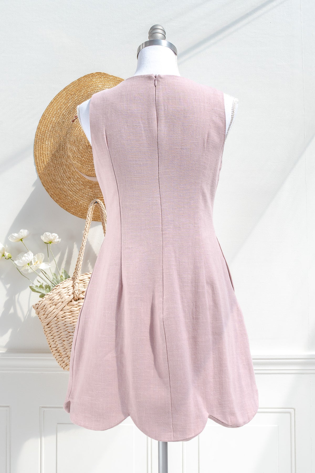 Pink linen cotton mini dress with scalloped hem — back view