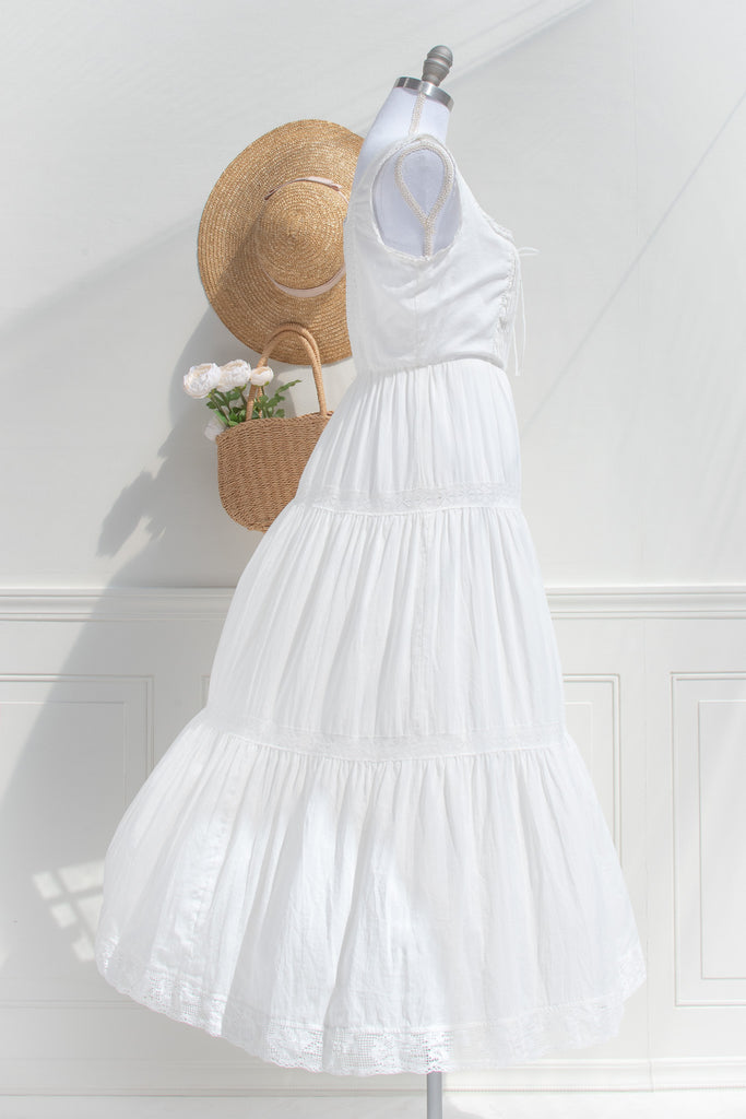 White Cotton Midi Dress Corset Bodice Lace Trim | Amantine Medium White Cotton Midi Dress Corset Bodice Lace Trim | Amantine Medium