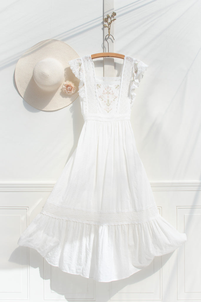 White Cotton Lace Midi Dress – Ruffle Strap Romantic Dress